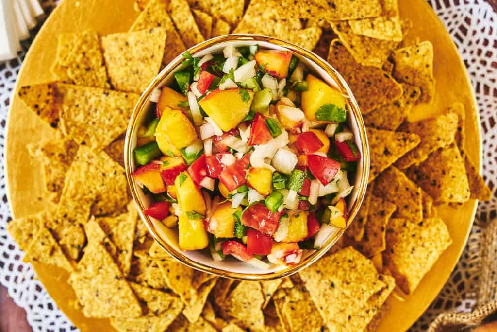 Sweetie Sweet Onion & Peach Salsa from Farm Star Living served with tortilla chips